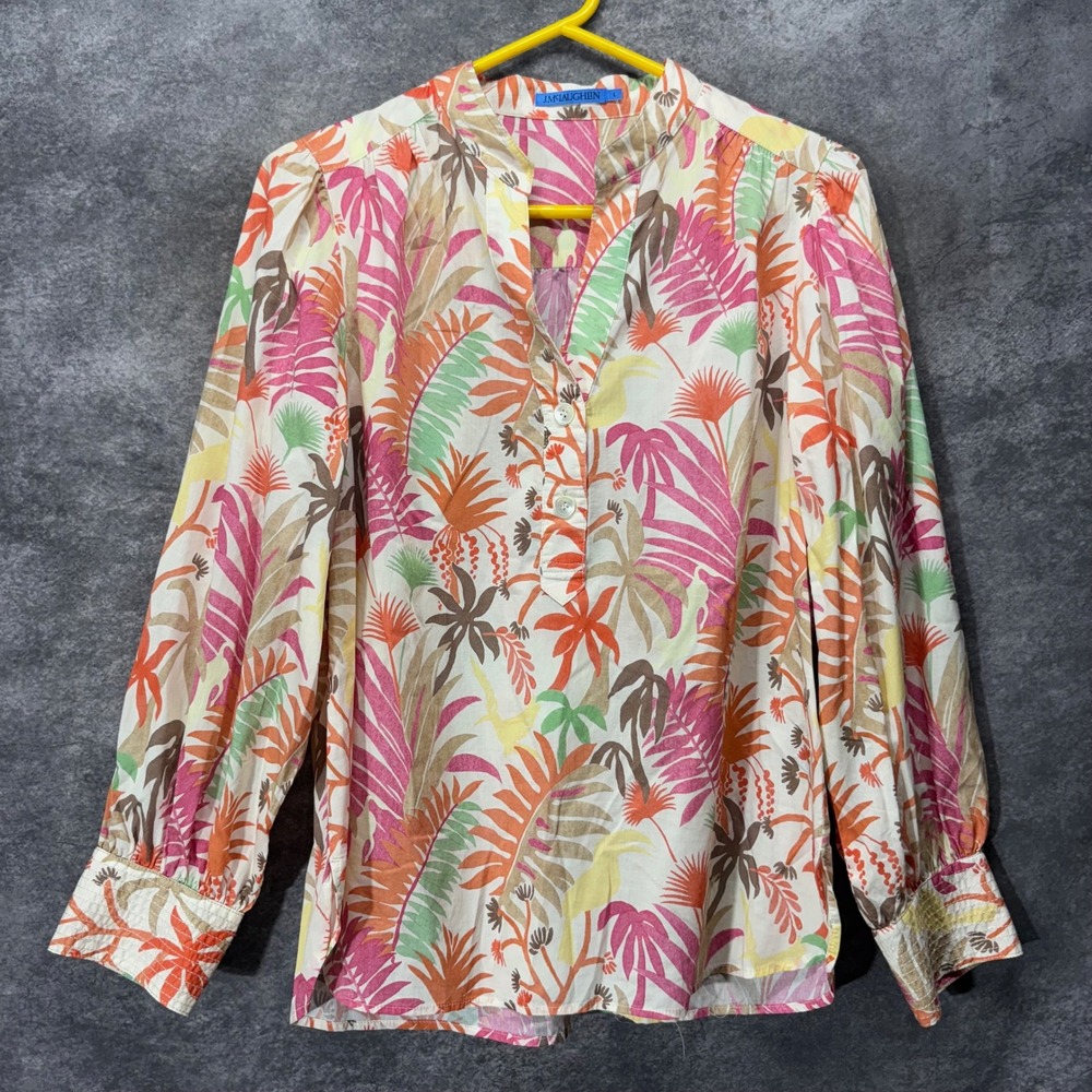 J.McLaughlin Rashell Jungle Melody Floral Shirt Top Size L Pink Tropical Popover